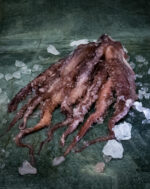 Oktopusarme gegart, appetitlich angerichtet auf einer Schieferplatte für Gezer Kunden.