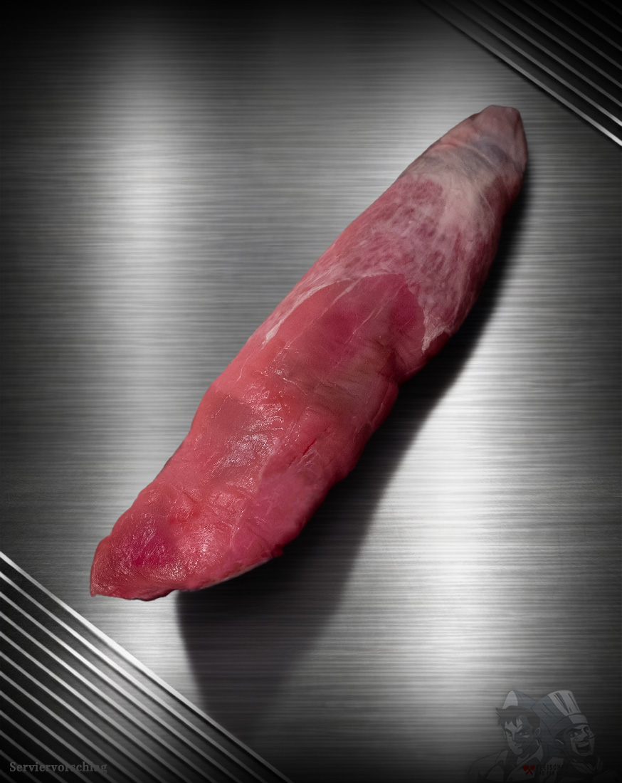 Rohes Schweinefilet vom regionalen Duroc-Schwein mit feiner Marmorierung auf neutralem Untergrund